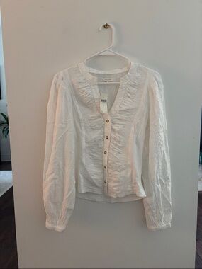 Anthropologie White Ruffle-Trim Button Blouse